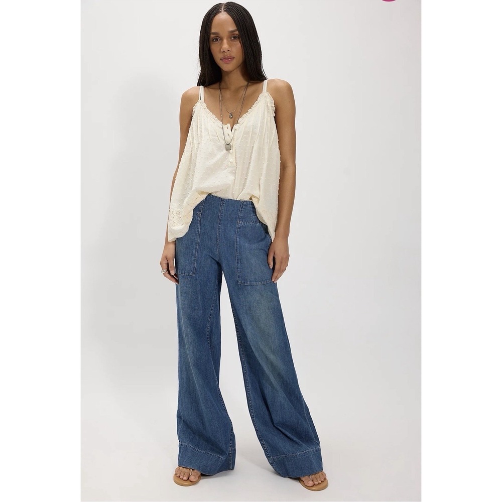 NEW We The Free People Breezy Denim Pull-On Jeans Sz XS Cobalt Slouchy Wide Leg